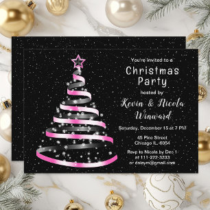 Invitation Fête de Noël de l'arbre à ruban rose et noir