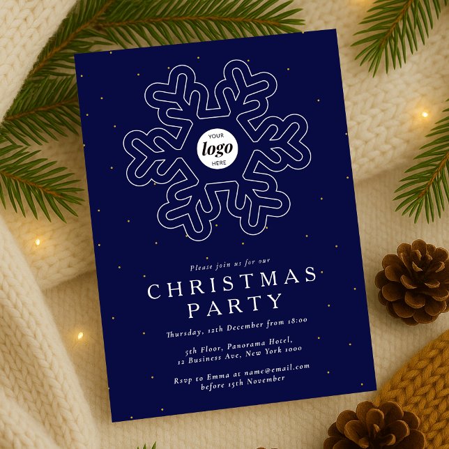 Invitation Fête de Noël de l'entreprise Marine Bleu Business  (Company Christmas Party Invitation in navy blue and white with snowflake detail and your logo)
