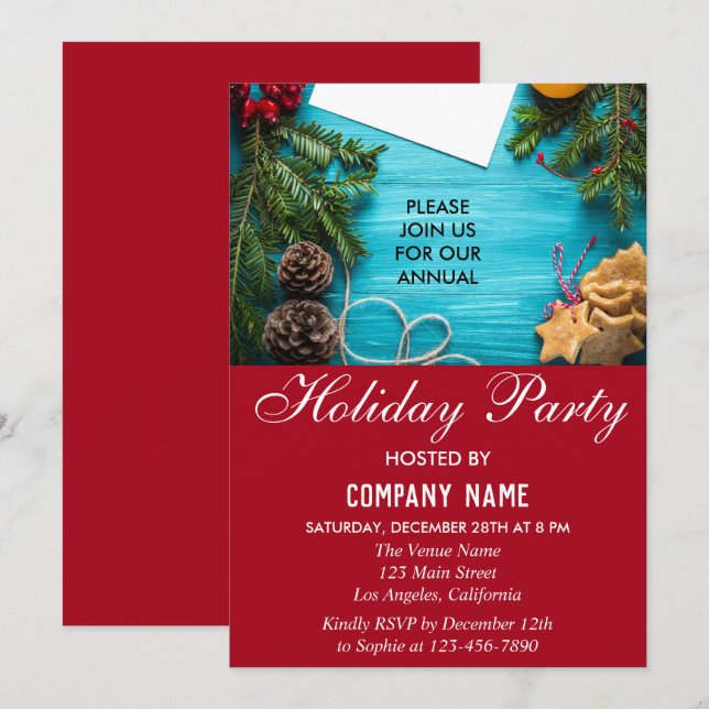 Invitation Fête de Noël de l'entreprise rouge et bleue festiv (Devant / Derrière)
