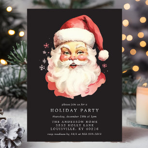 Invitation Fête de Noël de Père Noël Rétro Vintage Noir