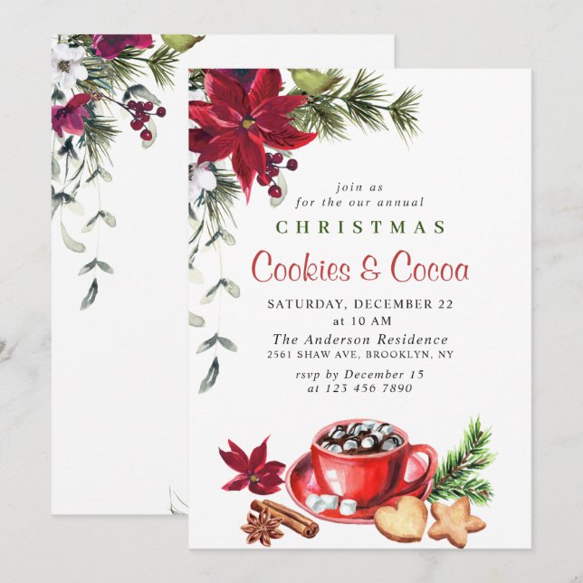 Invitation Fête de Noël de Poinsettia Cookies et cacao (Devant / Derrière)