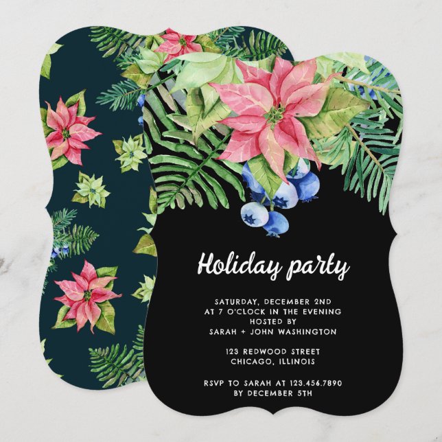 Invitation fête de Noël de poinsettia et Berries (Devant / Derrière)