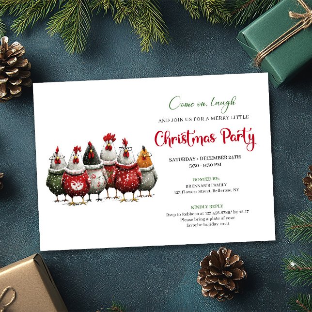 Invitation Fête de Noël de poulets rouges et verts fantaisist (Whimsical Red Green Chickens Christmas Party Invite)