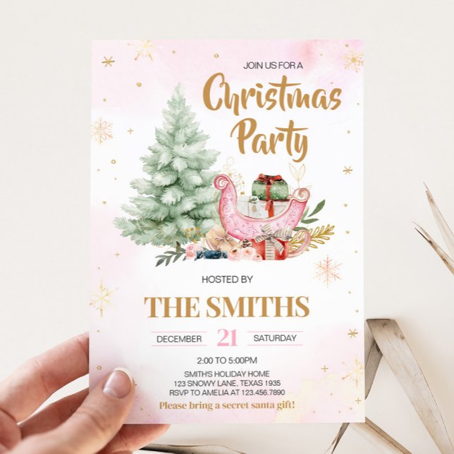 Invitation Fête de Noël de Sleigh Snowflics d'hiver (Winter Snowflakes Christmas Party Invitation)