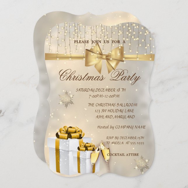 Invitation Fête de Noël de Snowflakes, Bow, Presents, Company (Devant / Derrière)