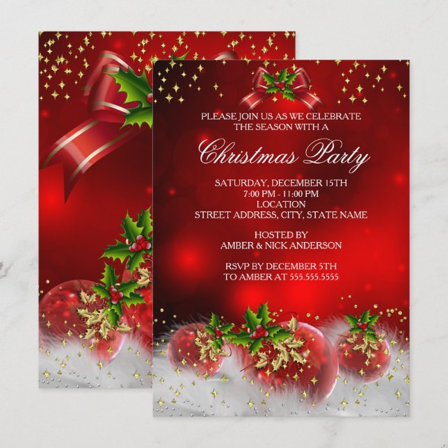 Invitation Fête de Noël de vacances Rouge Or Vert Holly (Devant / Derrière)
