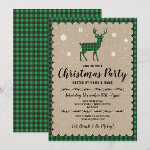 Invitation Fête de Noël Deer Flocon de neige Green Check
