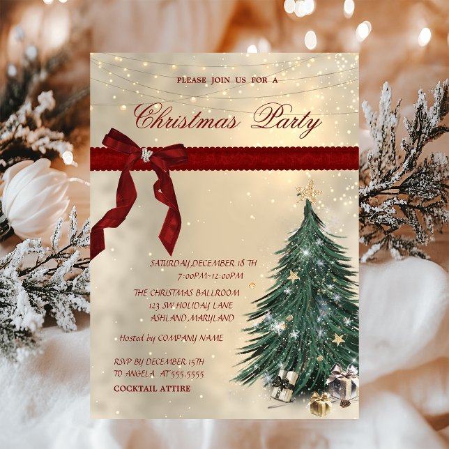 Invitation Fête de Noël d'entreprise Arc Rouge, Arbre de Pin, (Créateur téléchargé)