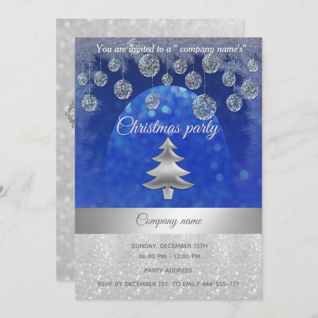 Invitation fête de Noël d'entreprise argent/bleu (Devant / Derrière)
