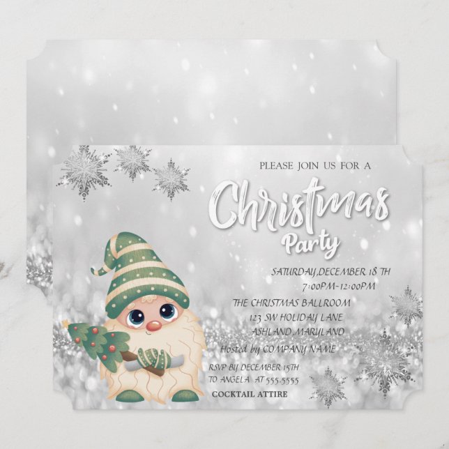 Invitation Fête de Noël d'entreprise Bokeh Gnome PinTree (Devant / Derrière)