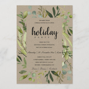 INVITATION FÊTE DE NOËL D'ENTREPRISE CADRE FEUILLU VERT GRIS
