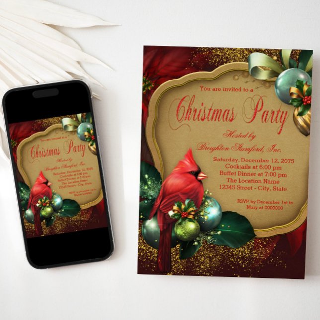 Invitation Fête de Noël d'entreprise Cardinal Or Rouge (Red gold cardinal ornaments Christmas party invitation. Available for instant download and print.)