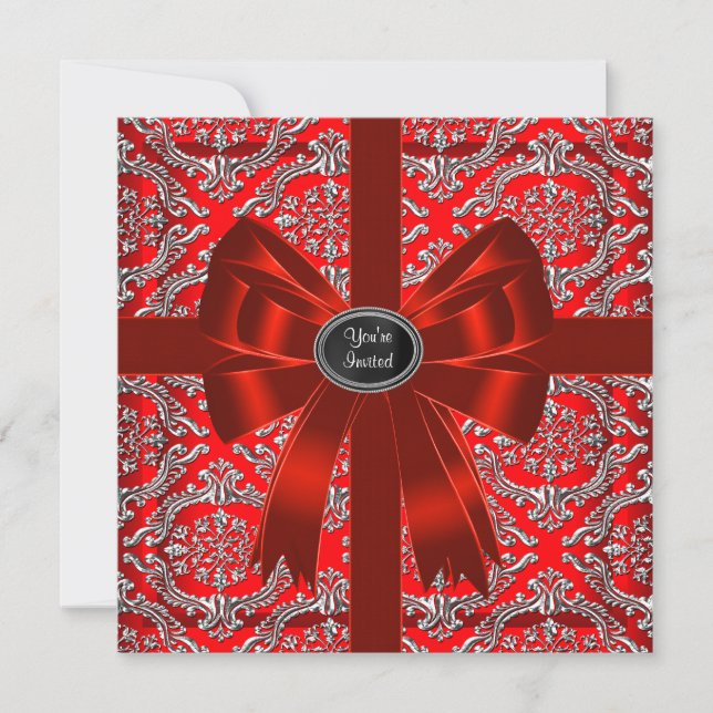 Invitation Fête de Noël d'entreprise Damassé Rouge Argent (Devant)