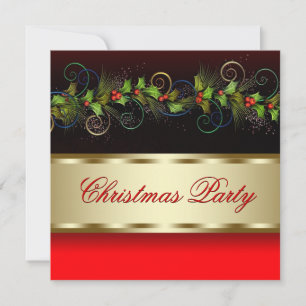 Invitation Fête de Noël d'entreprise Elegant Black Gold Holly