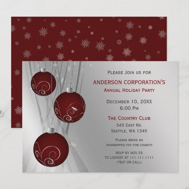 Invitation Fête de Noël d'entreprise festive argent rouge (Devant / Derrière)
