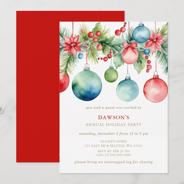 Invitation Fête de Noël d'entreprise festive Rouge Bleu  (Devant / Derrière)