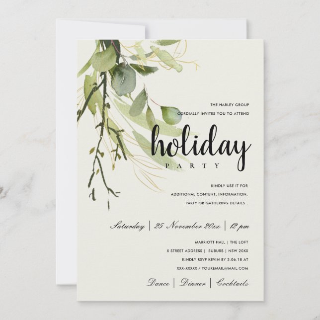 INVITATION FÊTE DE NOËL D'ENTREPRISE FEUILLES VERTES DORÉES (Devant)