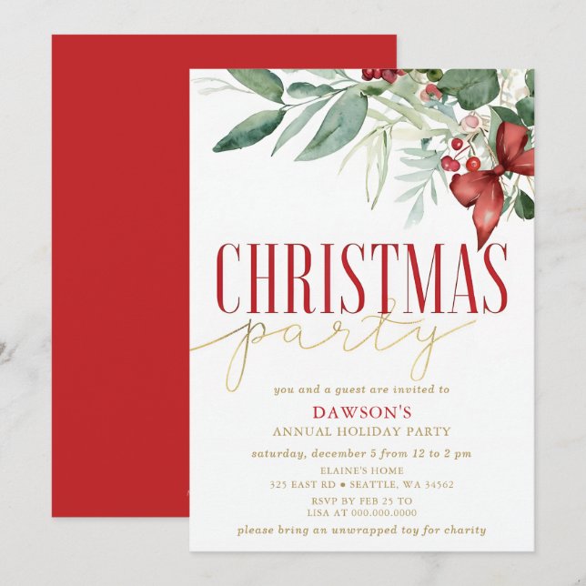 Invitation Fête de Noël d'entreprise Holly Botanical (Devant / Derrière)