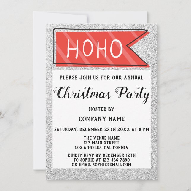 Invitation Fête de Noël d'entreprise Rouge & Gris Paillettes (Devant)