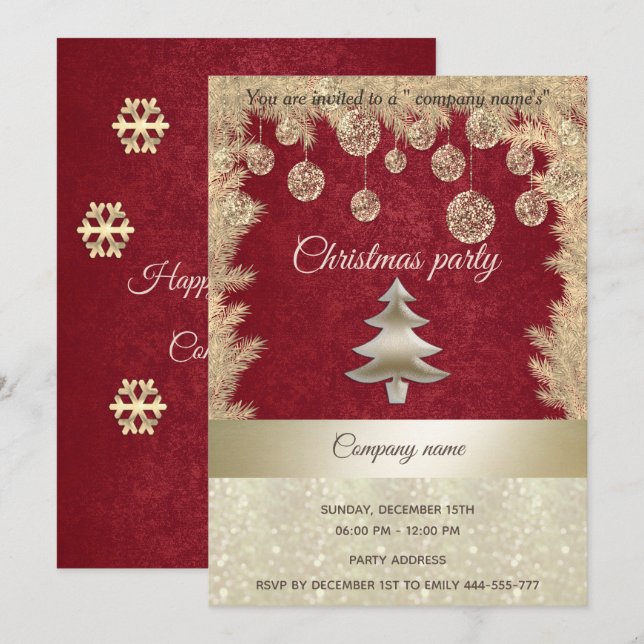 Invitation Fête de Noël d'entreprise rouge or (Devant / Derrière)