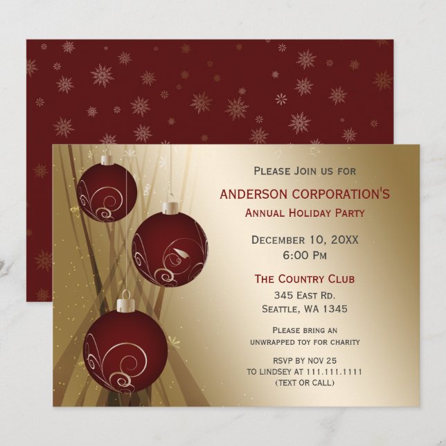 Invitation Fête de Noël d'entreprise Rouge Or Fête (Devant / Derrière)
