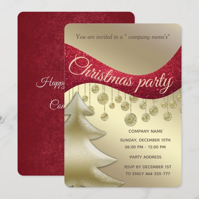 Invitation Fête de Noël d'entreprise simple en or rouge (Devant / Derrière)