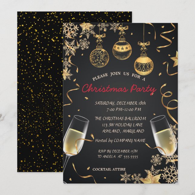 Invitation Fête de Noël d'entreprise Snowflake,Balls,Confetti (Devant / Derrière)