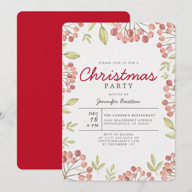 Invitation Fête de Noël des baies d'hiver uniques (Devant / Derrière)