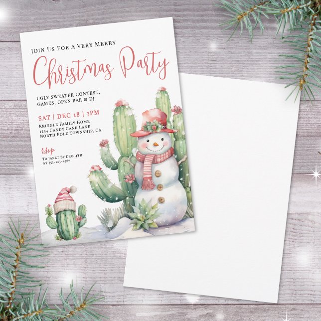 Invitation Fête de Noël des cactus (Cactus Snowman Christmas Party Invitation)