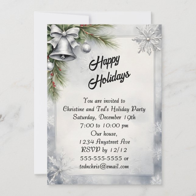 Invitation Fête de Noël des cloches d'argent et des flocons d (Devant)