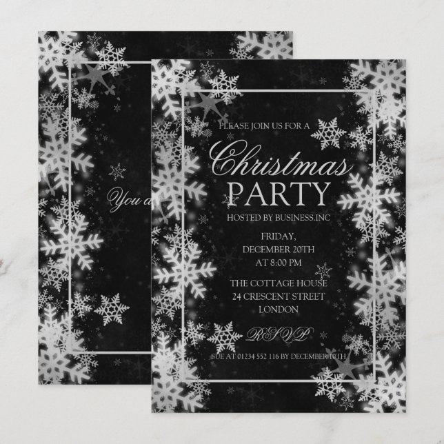 Invitation Fête de Noël des flocons d'argent élégants (Devant / Derrière)