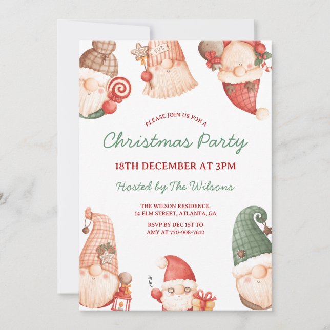 Invitation Fête de Noël des Gnomes Mignons (Devant)