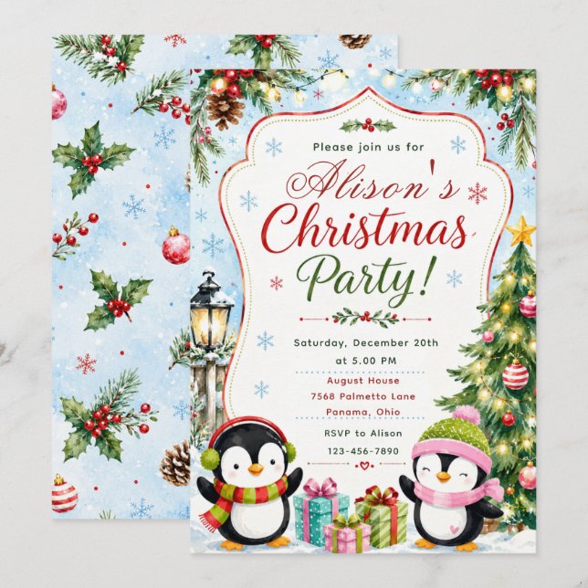 Invitation Fête de Noël des manchots (Devant / Derrière)