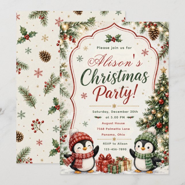 Invitation Fête de Noël des manchots (Devant / Derrière)