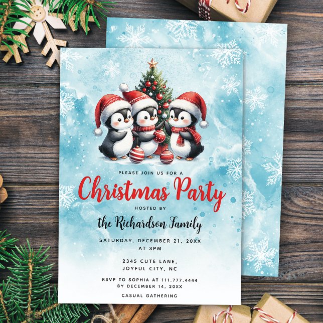 Invitation Fête de Noël des mignons pingouins bleu et rouge (Créateur téléchargé)