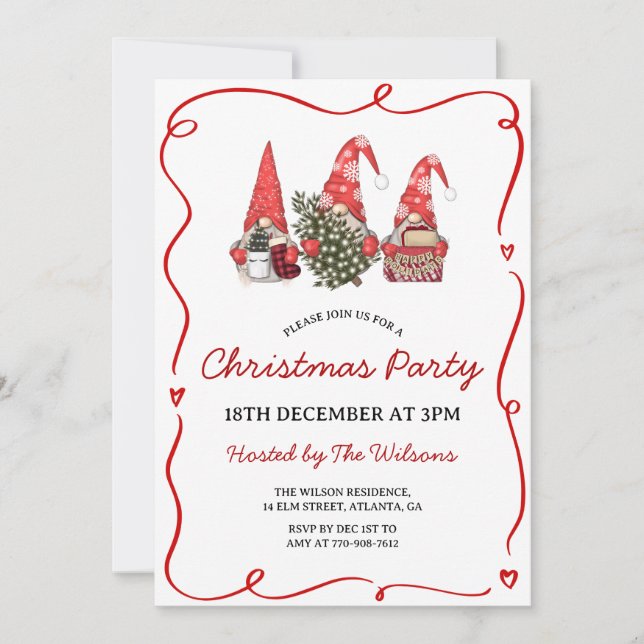 Invitation Fête de Noël des Nains Rouges Mignons (Devant)