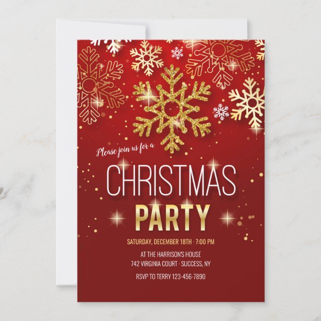 Invitation Fête de Noël des Snowflakes Gold (Devant)