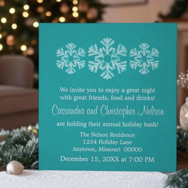 Invitation Fête de Noël des Snowflakes, Turquoise (Teal Holiday Snowflakes Christmas Party Invitation)