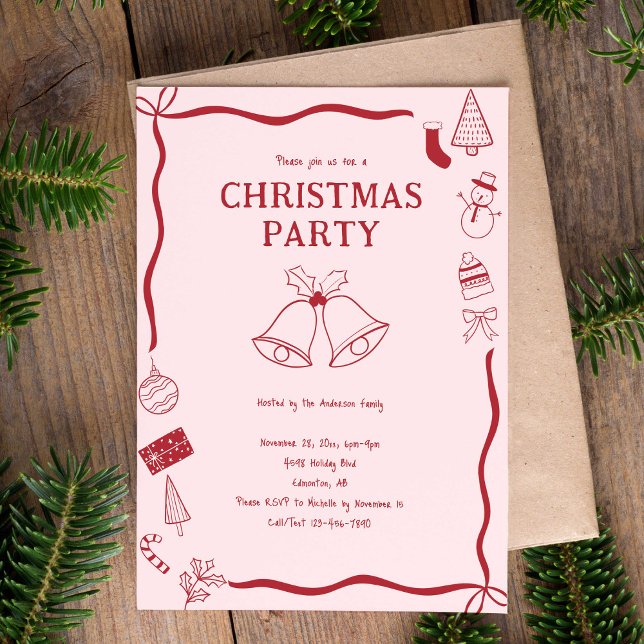 Invitation Fête de Noël Dessinée à la Main Vacances Rouge Coq (Créateur téléchargé)