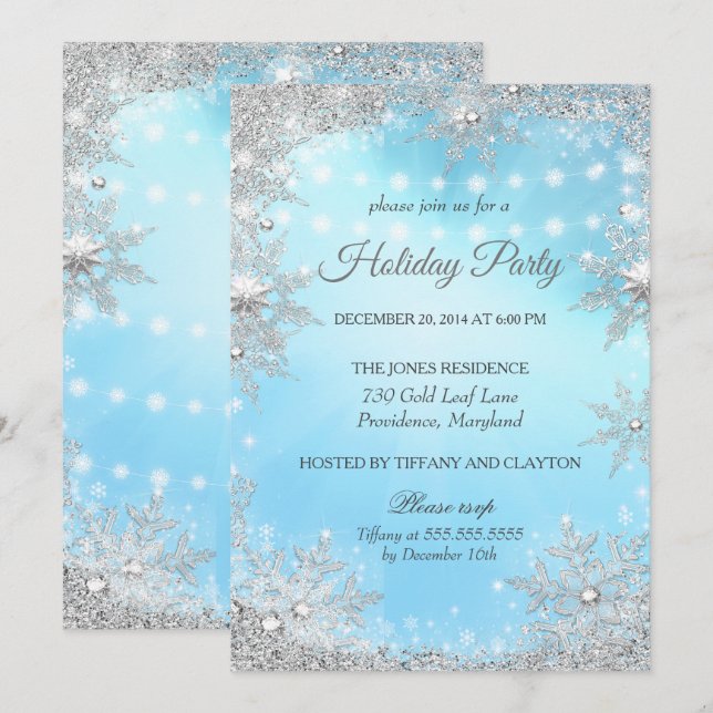 Invitation Fête de Noël d'hiver Bleu Argent (Devant / Derrière)