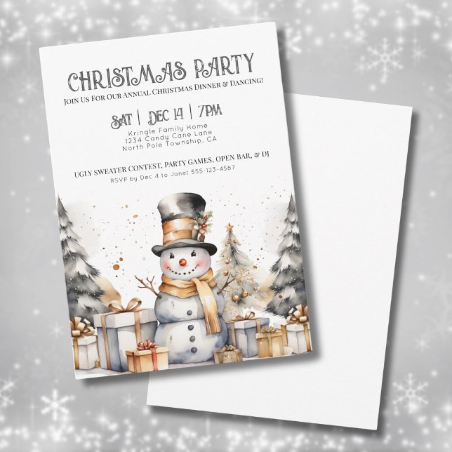 Invitation Fête de Noël d'hiver festive noir blanc (Snowman Winter Christmas Party Invitation)