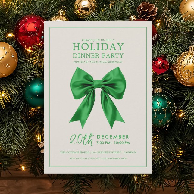 Invitation Fête de Noël Dîner de fête Ruban de satin vert (Christmas Holiday Dinner Party Green Satin Bow Invitation)