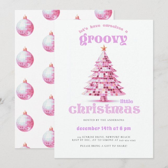 Invitation Fête de Noël disco rose Groovy Little Christmas (Devant / Derrière)