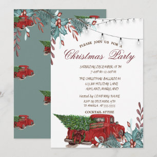 Invitation Fête de Noël du camion rouge, baie de houx, lumièr