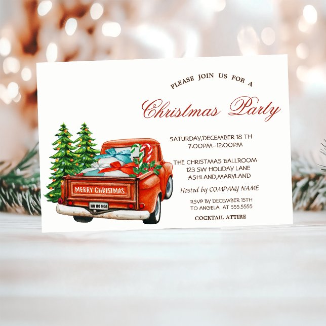 Invitation Fête de Noël du camion rouge et du pin (Créateur téléchargé)