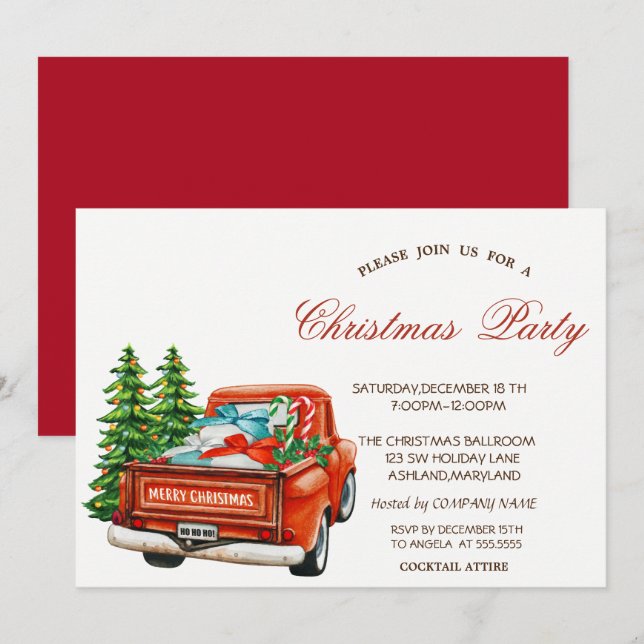Invitation Fête de Noël du camion rouge et du pin (Devant / Derrière)