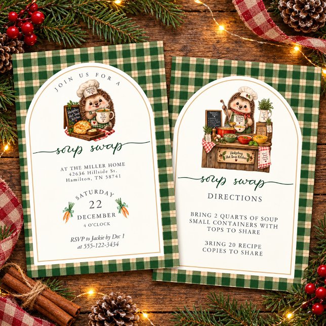 Invitation Fête de Noël du hérisson au plaid vert (Hedgehog Holiday Green Plaid Soup Swap Party Invitation)