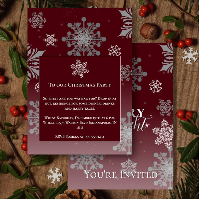 Invitation Fête de Noël du Joyet rouge et des flocons de neig (Red Merry and Bright Snowflakes Christmas Party Invitation)