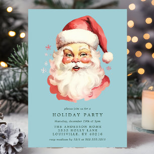 Invitation Fête de Noël du Père Noël Rétro Vintage Bleu