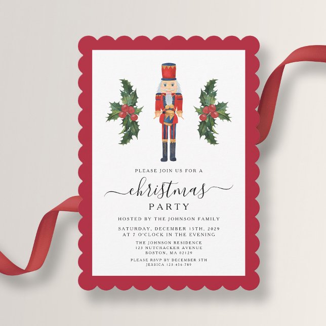 Invitation Fête de Noël Élégant Casse-Noisette Rouge (Elegant Red Nutcracker Christmas Party Invitation)